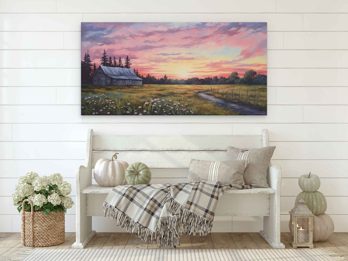 Rustic Farm Land Panoramic Oil Painting Framed Print Ready To Hang - Image 2