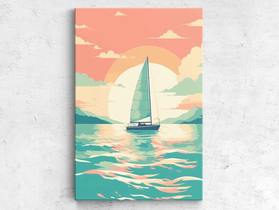 Minimalist Pastel Sailboat Sunset Calm Sea Teal Water Retro Style Travel Poster