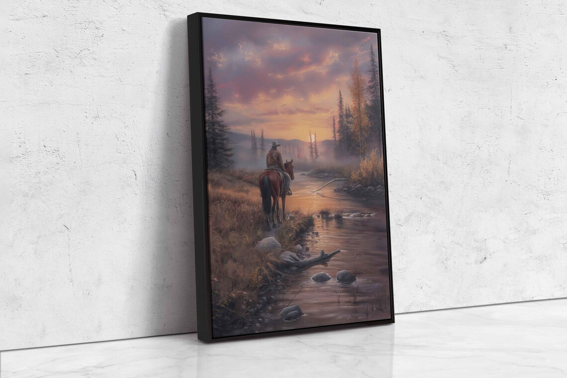 Cowboy On Horse Misty River Peaceful Sunset Forest Western Art Print - Image 4