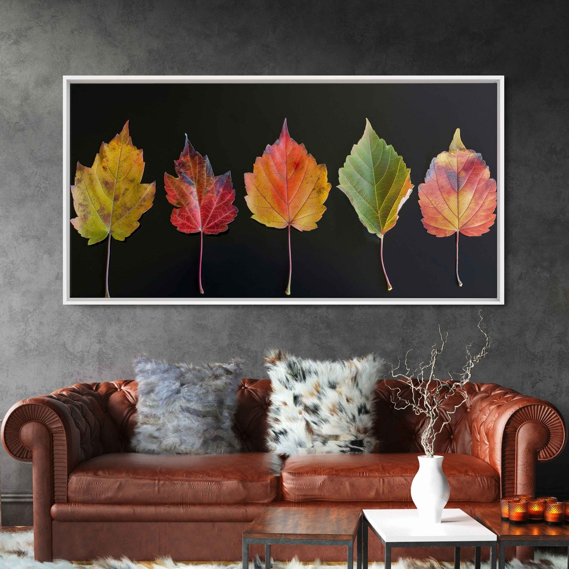 Five Autumn Leaves In A Row On Black Background Nature Photo Poster