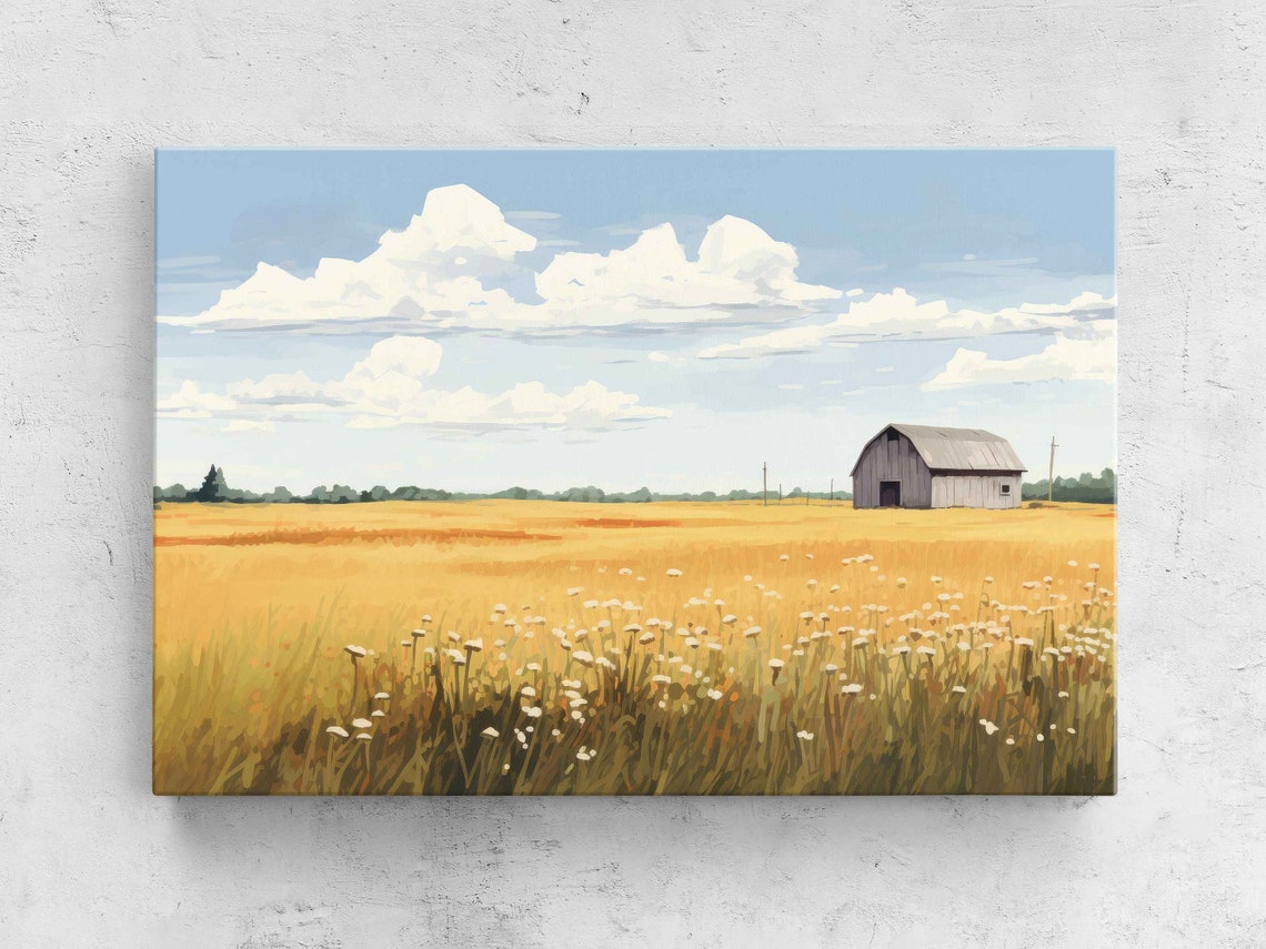 Golden Wheat Field With Old Barn Summer Sky Minimalist Farm Wall Art