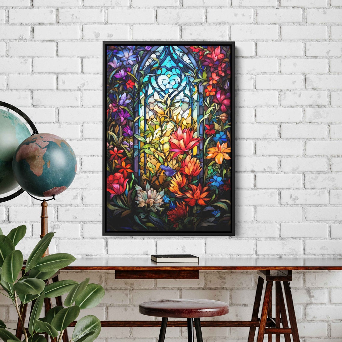 Stained Glass Flower Window Colorful Lilies Botanical Mosaic Art Print