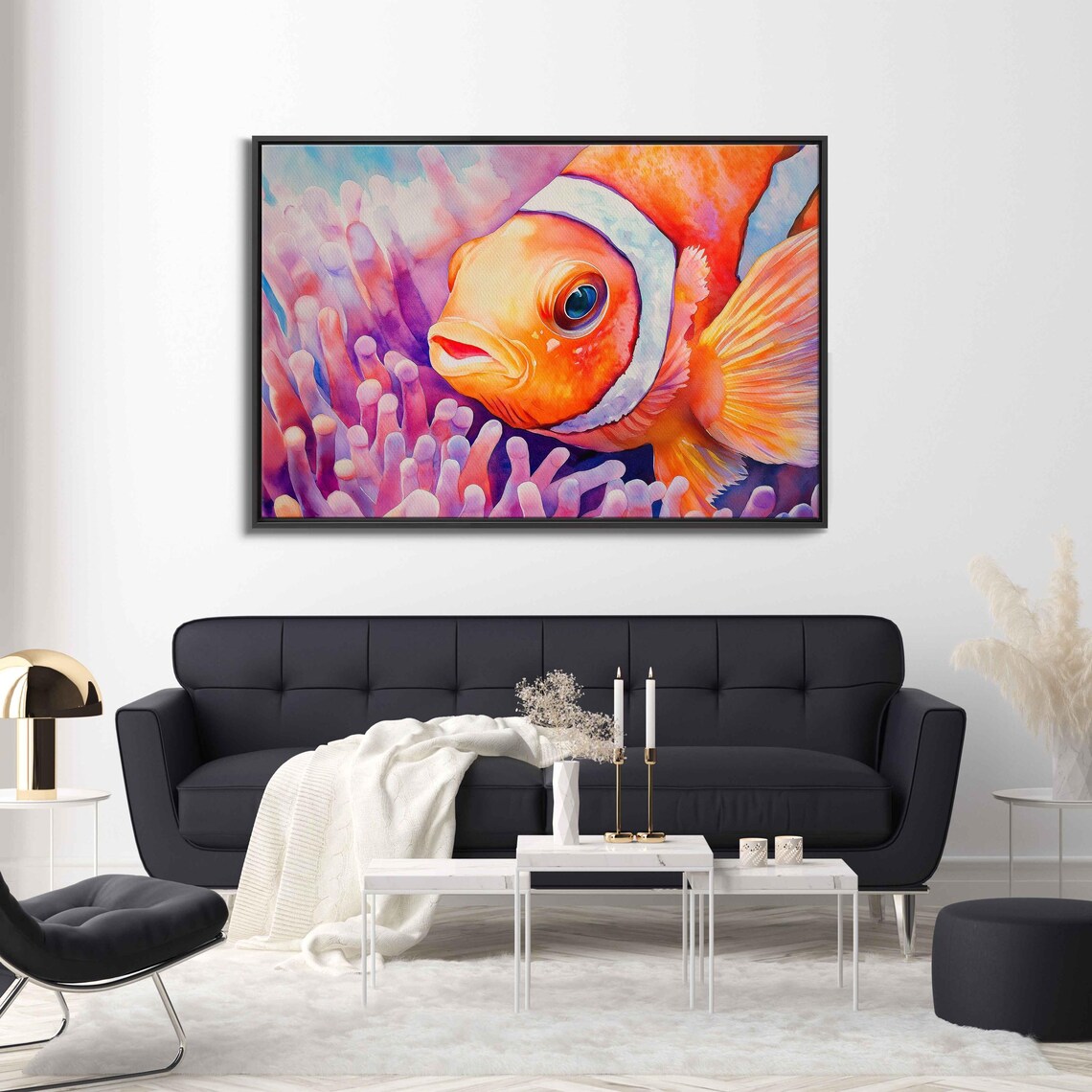Clownfish Close Up Vivid Anemone Watercolor Coral Reef Fish Poster