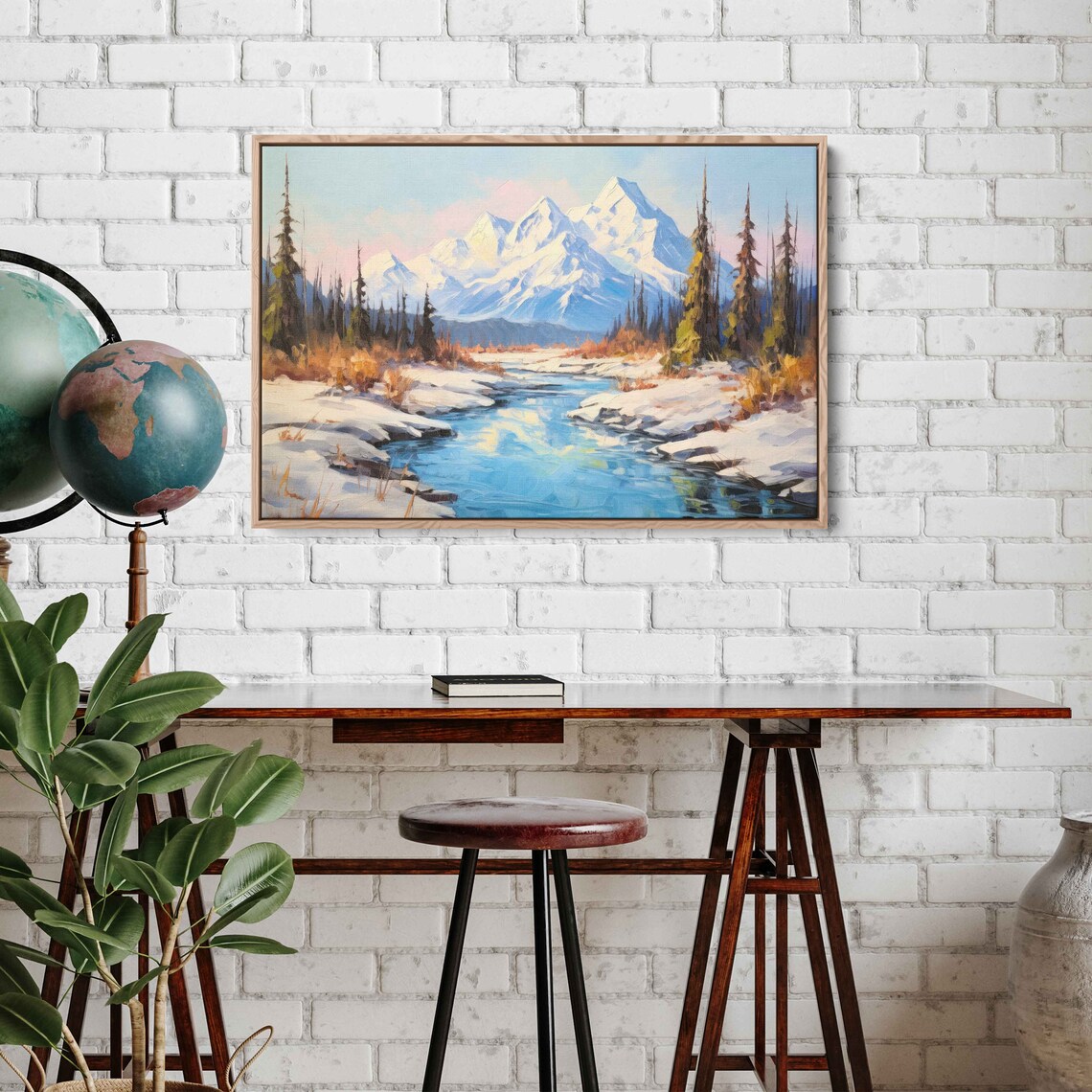 Snowcapped Mountain Range Frozen River Winter Landscape Painting Poster - Image 2