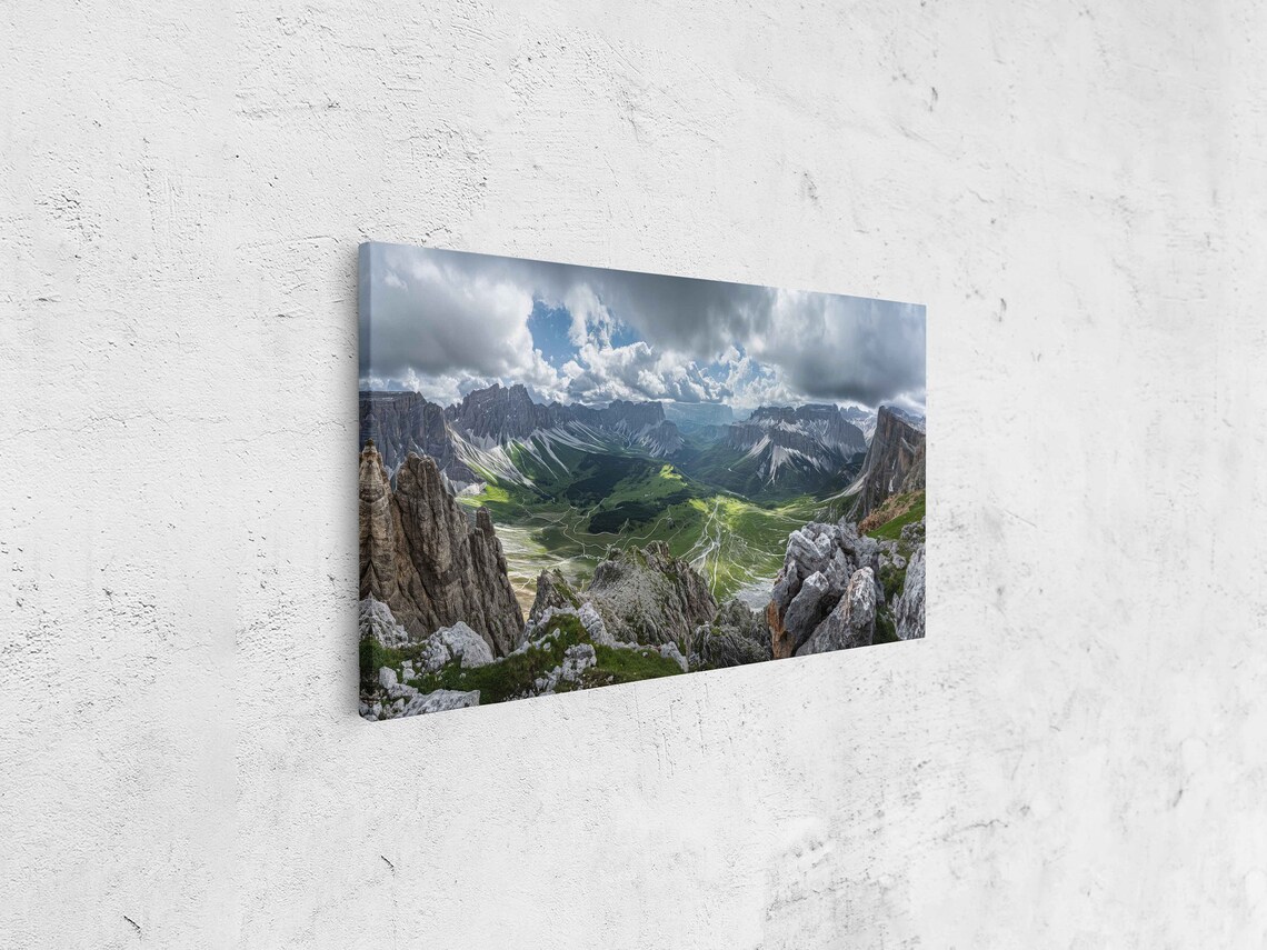 Dolomite Alps Under Cloudy Skies Breathtaking View Wall Art Print Italian Mountain Range Lush Cliffside Valley Ready To Hang - Image 4