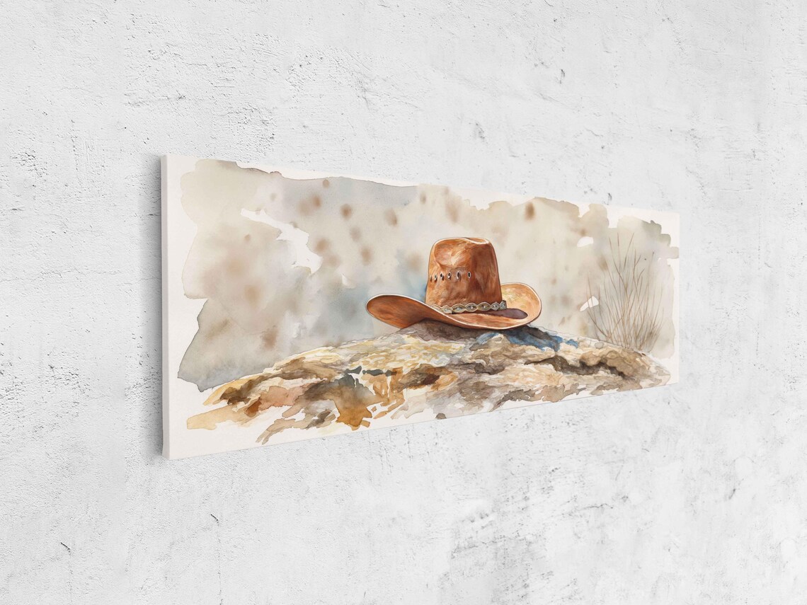 Cowboy Hat On Desert Rock Watercolor Rustic Western Wall Art - Image 4
