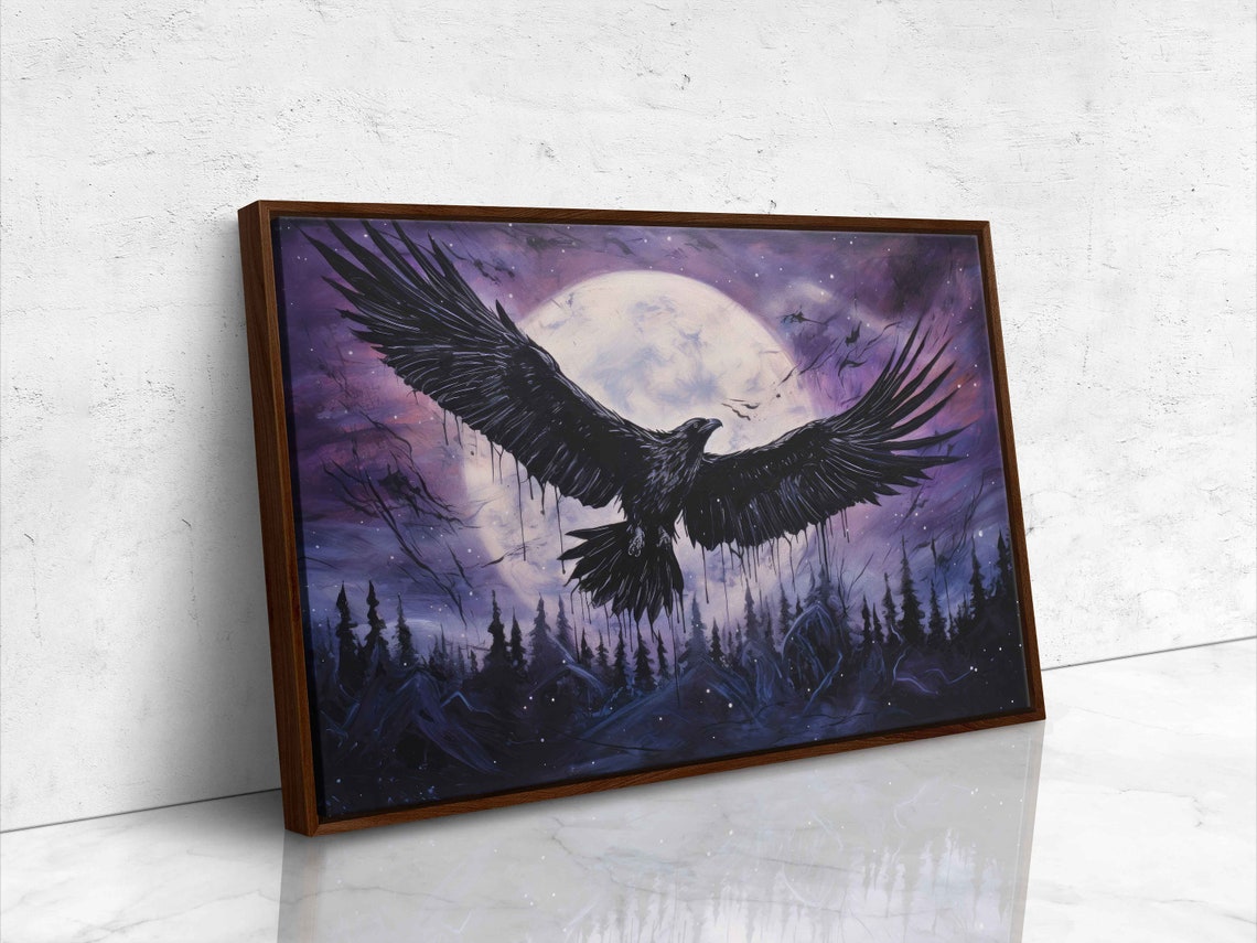 Flying Crow Under Full Moon Purple Night Sky Mystical Bird Poster - Image 4