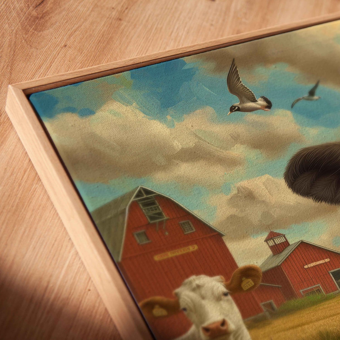 Three Cows Golden Pasture Red Barn Birds Flying Blue Sky Painting - Image 2