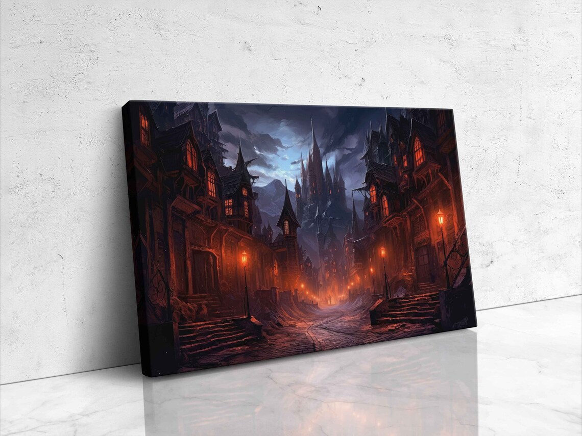 Spooky Castle Town Night Street Glowing Windows Gothic Fantasy Art Poster - Image 4