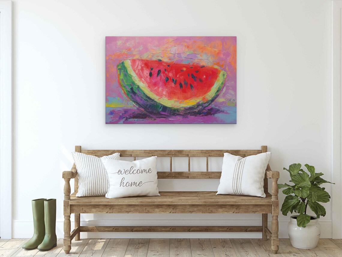 Watermelon Oil Painting On Colorful Background Print On Framed Kitchen Decor - Image 3