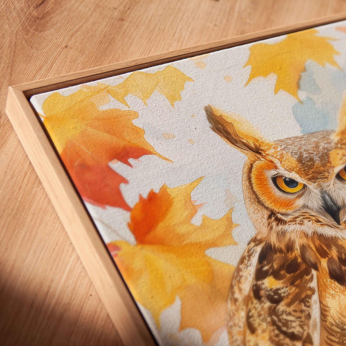 Great Horned Owl Perched Branch Autumn Leaves Watercolor Poster - Image 2