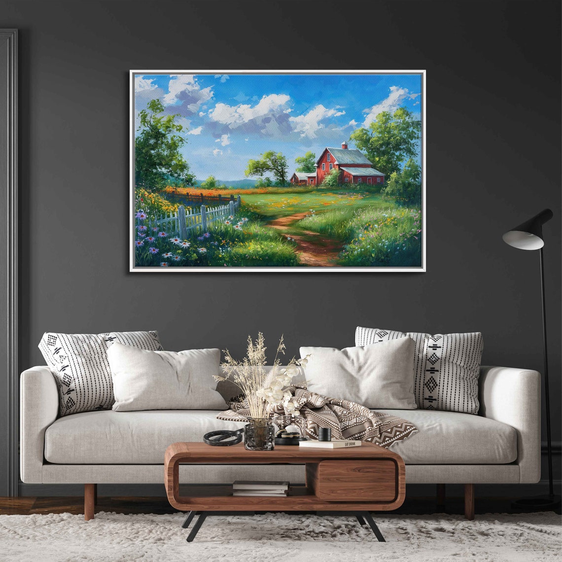 Serene Barn Landscape Paitning Cloudy Blue Sky Lush Greenery White Picket Fence Wall Art Print Ready To Hang - Image 3