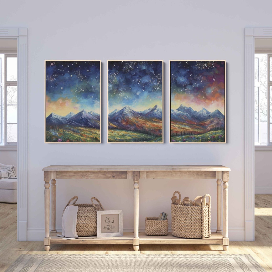 Starry Night Sky Painting 3 Panel Wall Art Framed Print Ready To Hang Triptych Wall Art