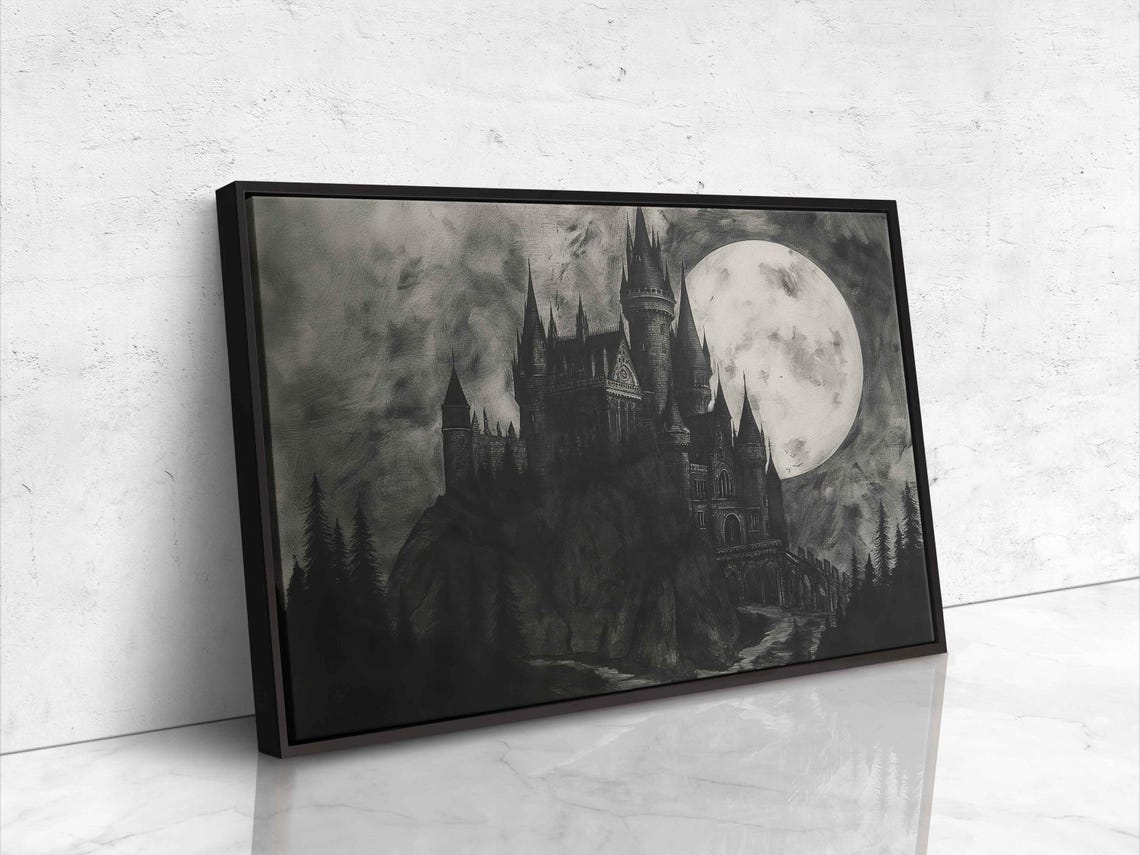 Gothic Castle on Hill Under Full Moon Dark Forest Halloween Art Poster - Image 4