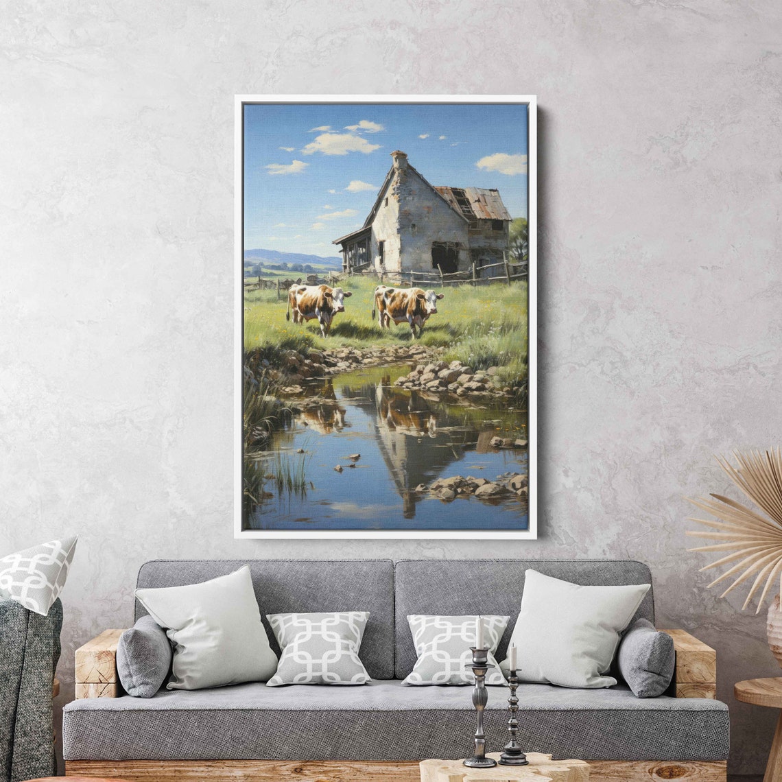 Old Barn Cows Grazing Sunny Pasture Pond Reflections Farm Art Poster - Image 2