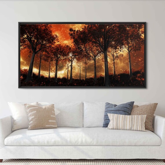 Majestic Metallic Trees Wall Art Print Under Fiery Scarlet Sky Fantasy Atmosphere
