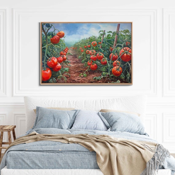 Tomato Garden Painting Vibrant Color Lush Greenery Cloudy Blue Sky Wall Art Print Ready To Hang