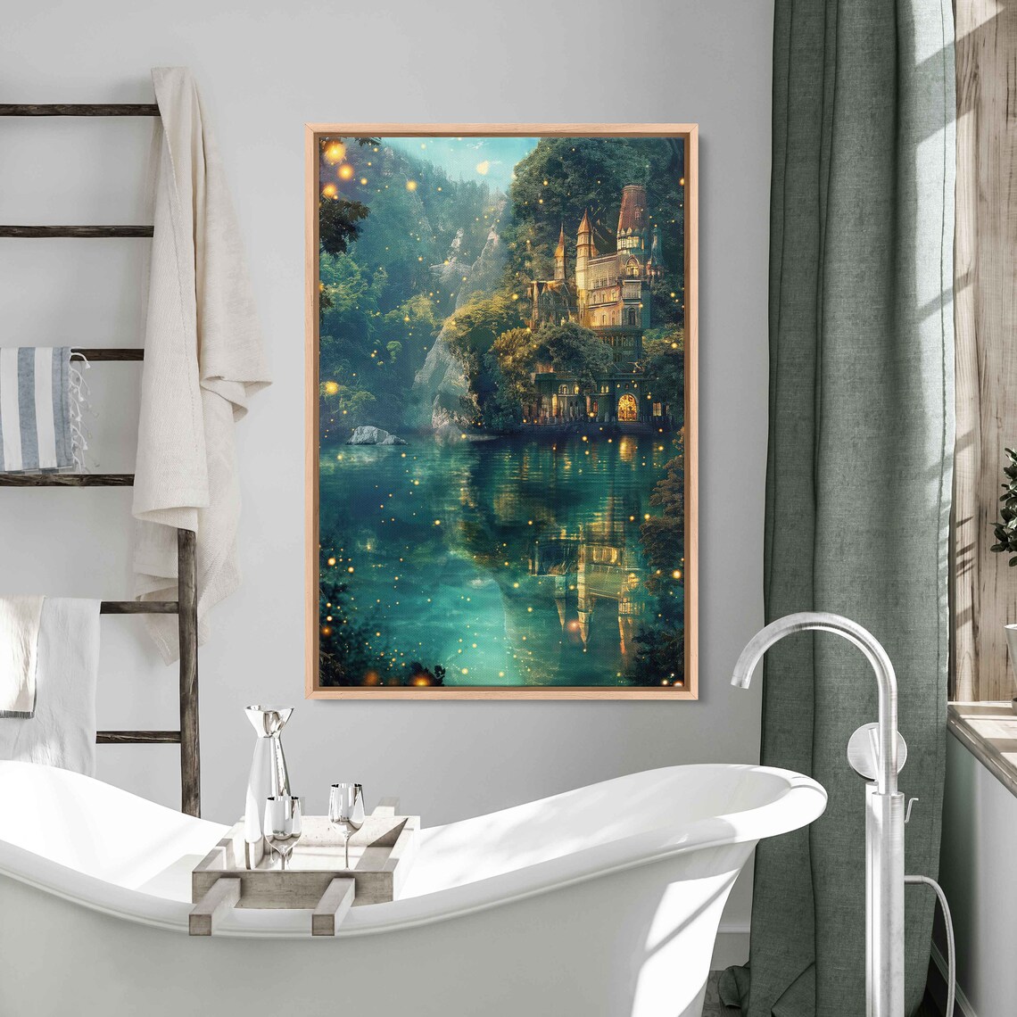 Fantasy Style Hidden Castle Set In A Cliffside On Tranquil Lake Wall Art Print Vertical Style Print Majestic Manor Ready To Hang