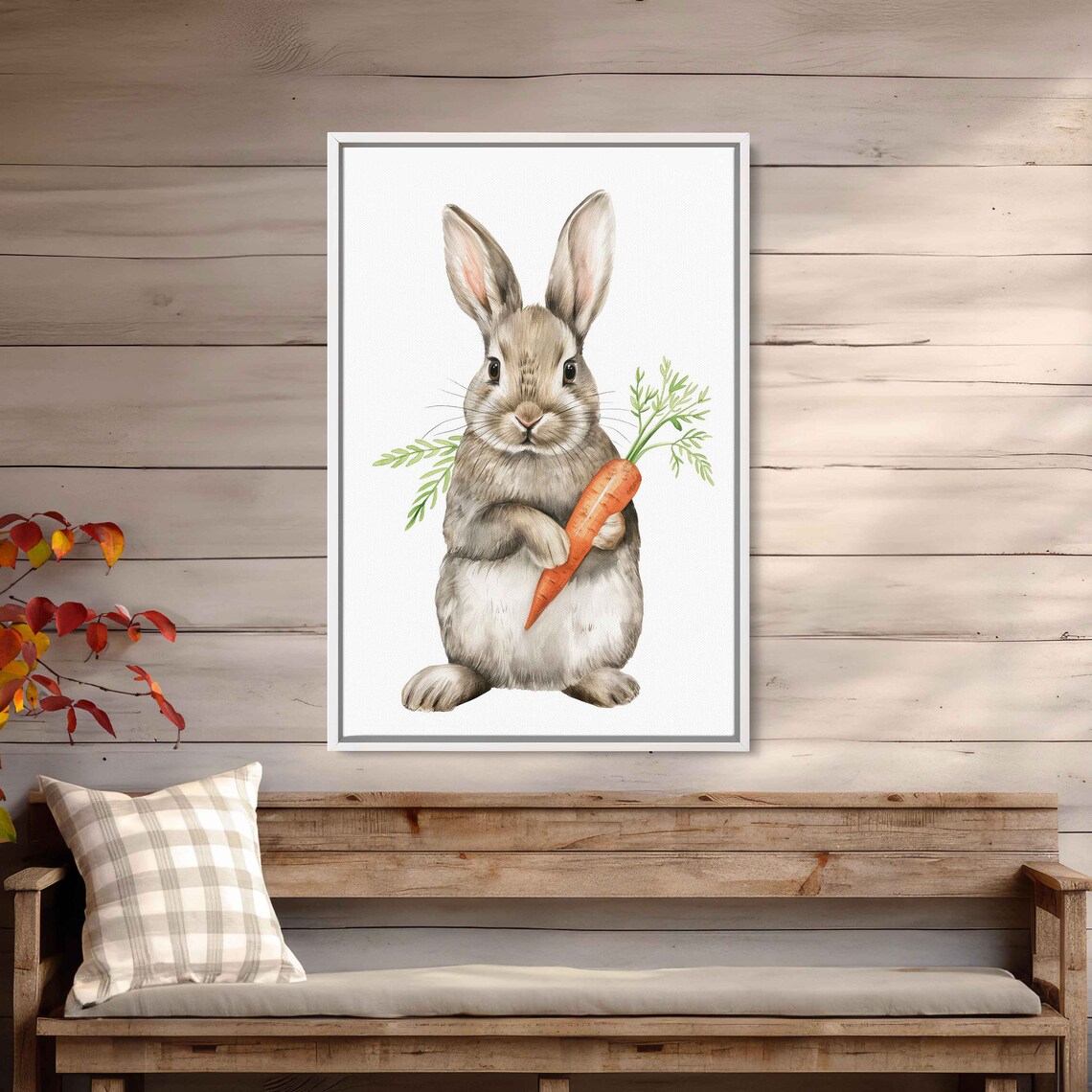 Smiling Bunny Holding Carrot Sweet Minimalist Watercolor Animal Wall Art - Image 2