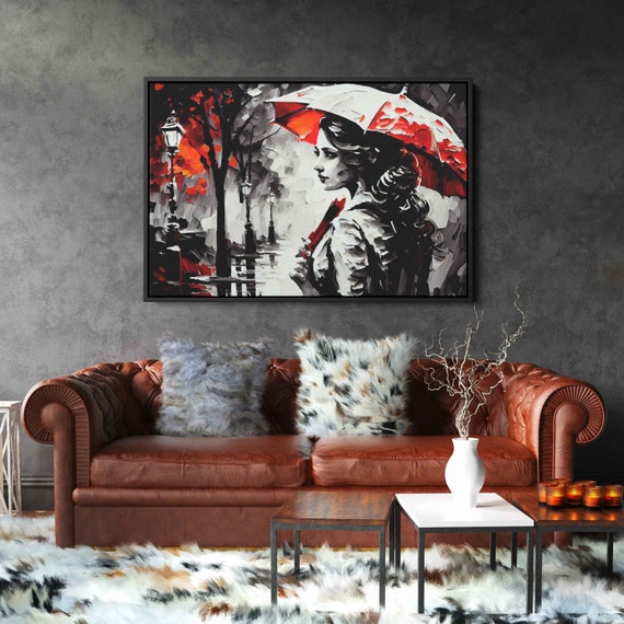 Woman With Umbrella, Black, White and Red Art Print