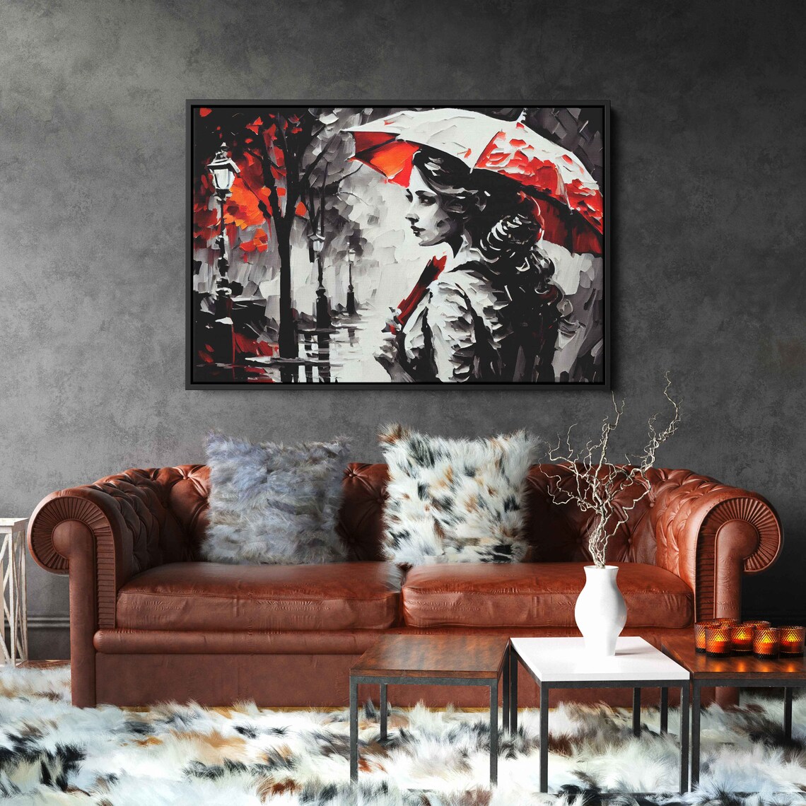Woman With Umbrella, Black, White and Red Art Print