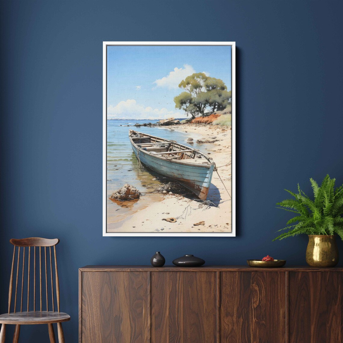 Old Wooden Boat On Sandy Beach Watercolor Coastal Painting Wall Art