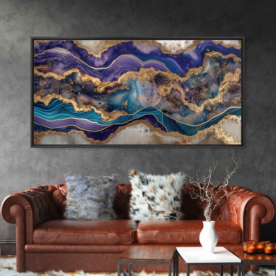 Blue Purple Marble Geode Gold Trim Abstract Epoxy Luxury Panoramic Art Poster
