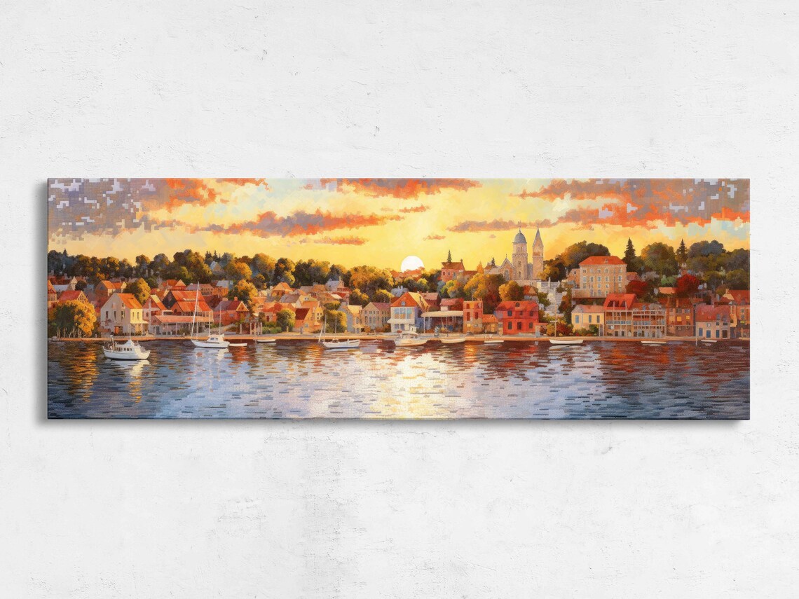 Small Coastal Town at Sunset, Pointillist Art Print