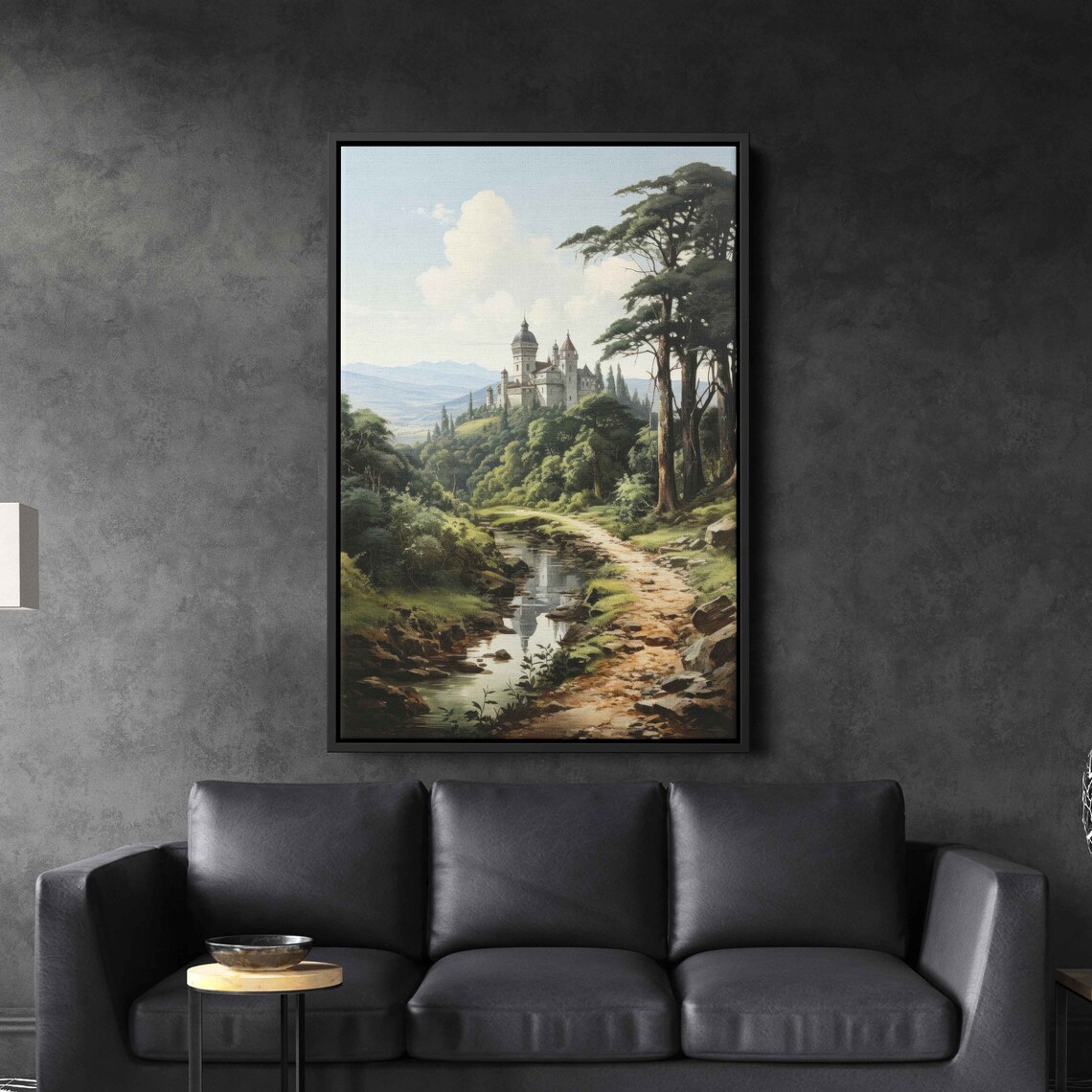 Watercolor River Castle Path, Medieval Landscape Art Print - Image 2