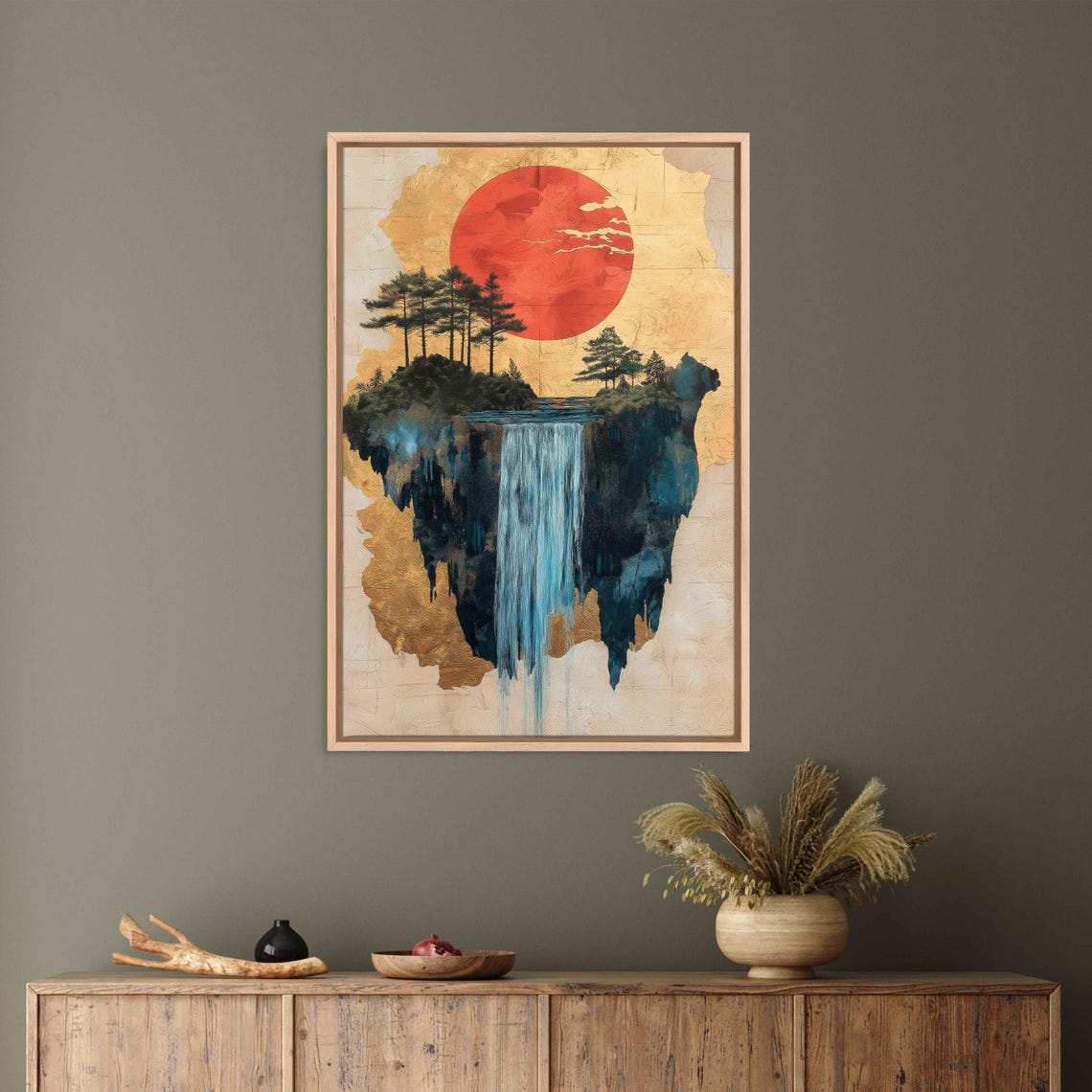 Floating Island Waterfall Pine Trees Red Sun Gold Fantasy Art Poster