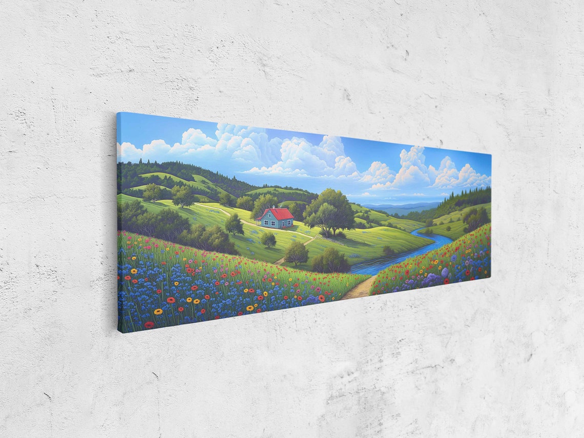 Cozy Cottage In Wildflower Meadow River Valley Panoramic Art Print - Image 4