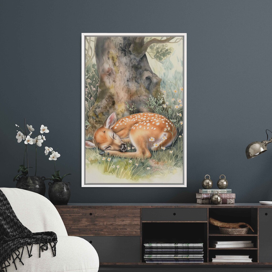 Sleeping Baby Deer Fawn Watercolor Tree Daisy Meadow Nature Poster - Image 3