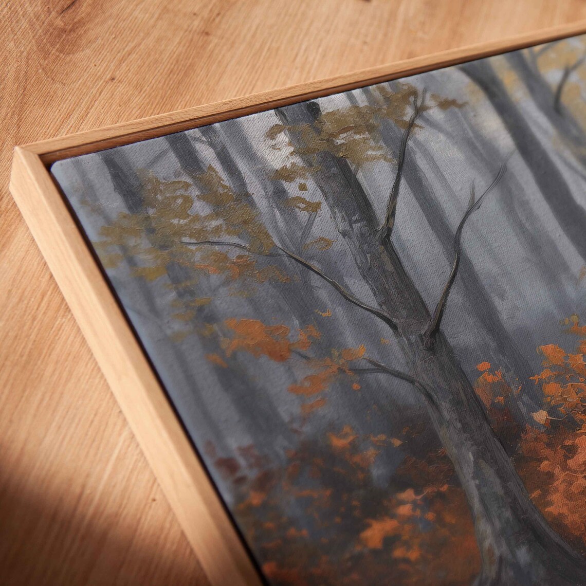 Foggy Woodland Path With Tall Grey Trees And Orange Underbrush Poster - Image 2