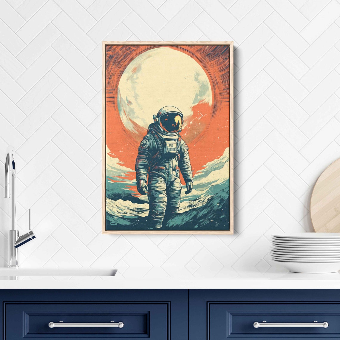 Retro Astronaut Moon Surface Giant Orange Sun Vintage Space Art Print - Image 3