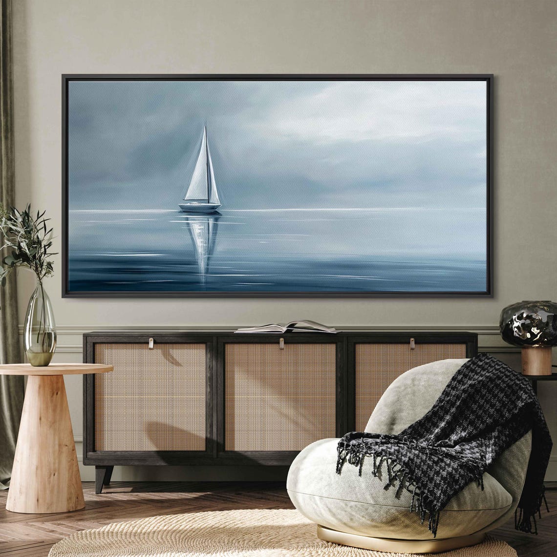 Sailboat Reflection On Misty Gray Blue Water Nautical Poster - Image 3
