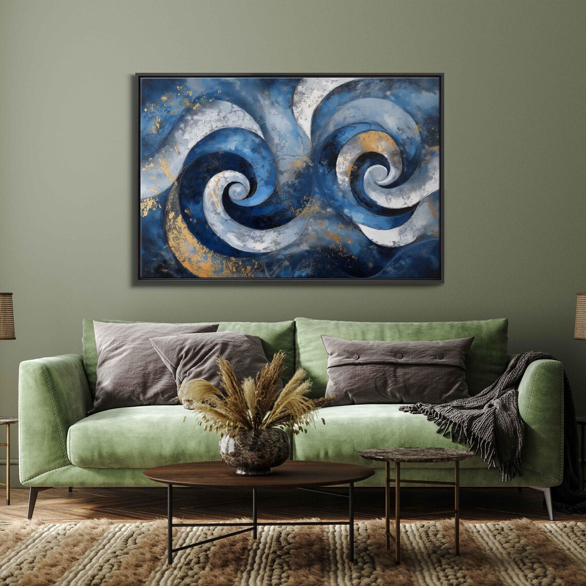 Dynamic Blue Swirls Abstract Acrylic, Gold Touches