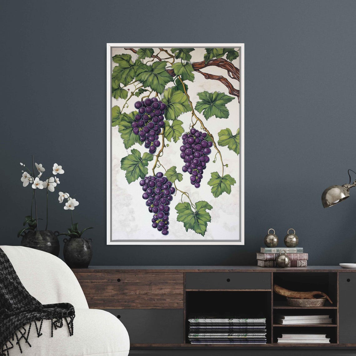Dark Purple Grape Clusters On Vine Botanical Painting Art Poster