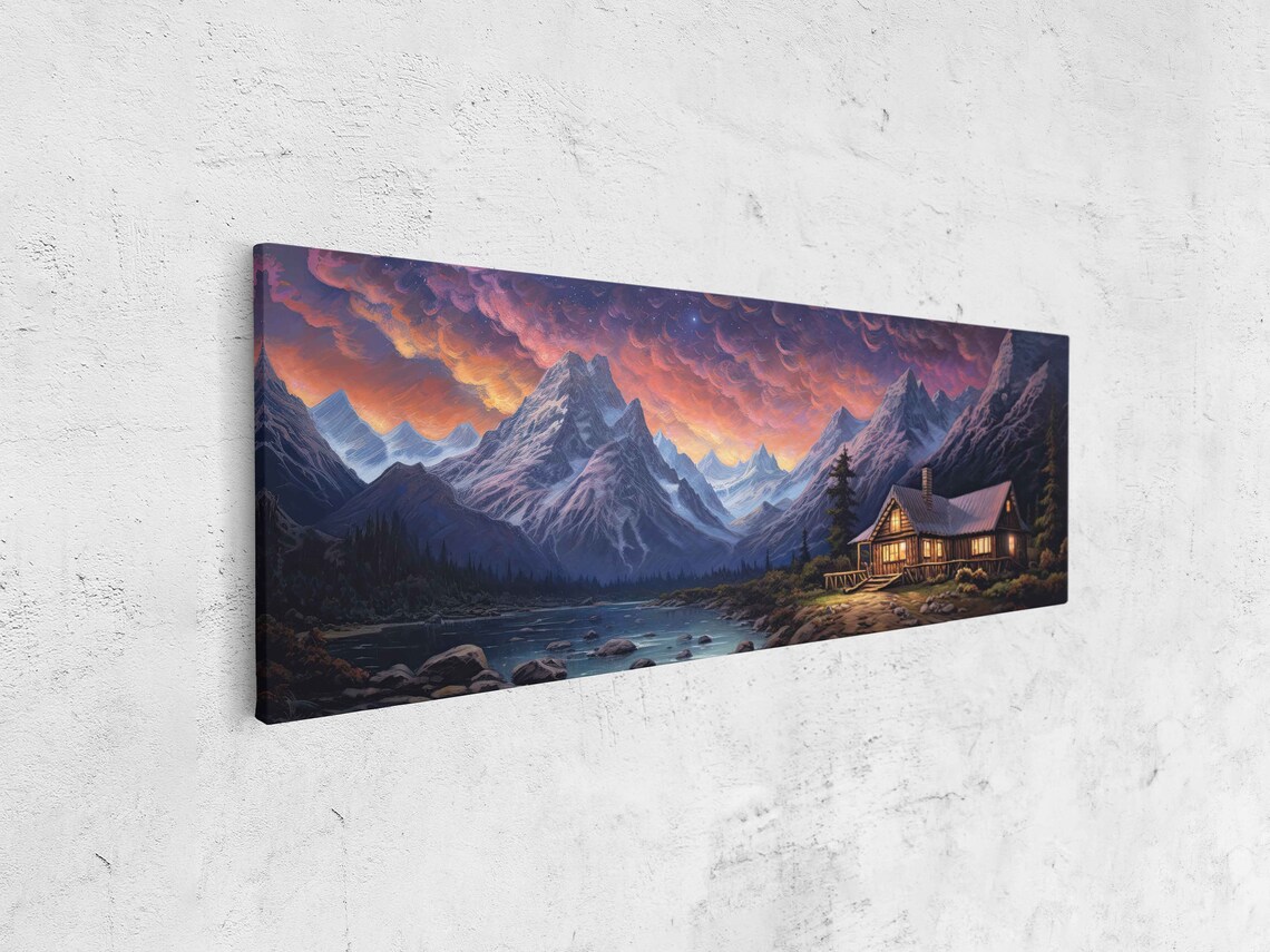 Panoramic Log Cabin by Lake Fiery Sunset Snowy Peaks Mountain Poster - Image 4