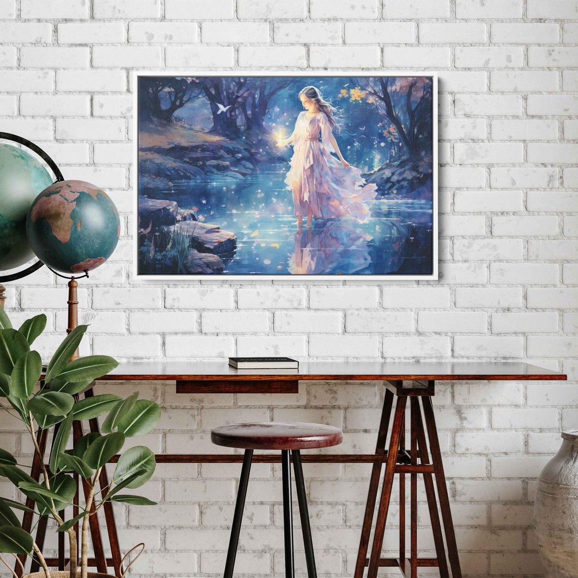 Moonlit Forest Stream Enchanted Woman Night Magic Fairytale Print - Image 2
