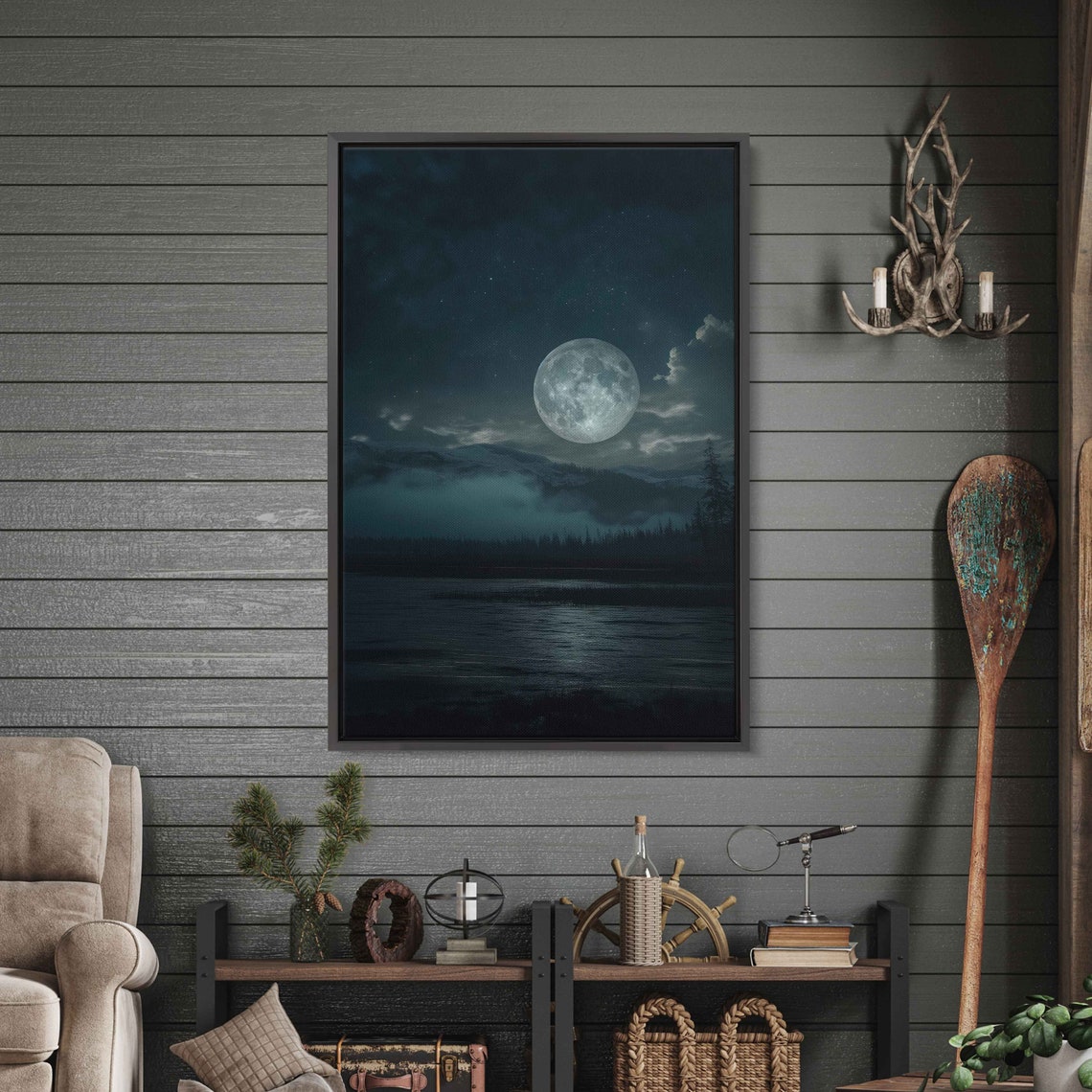 Full Moon In Night Sky Calm Dark Waters Wall Art Print Ready To Hang - Image 2