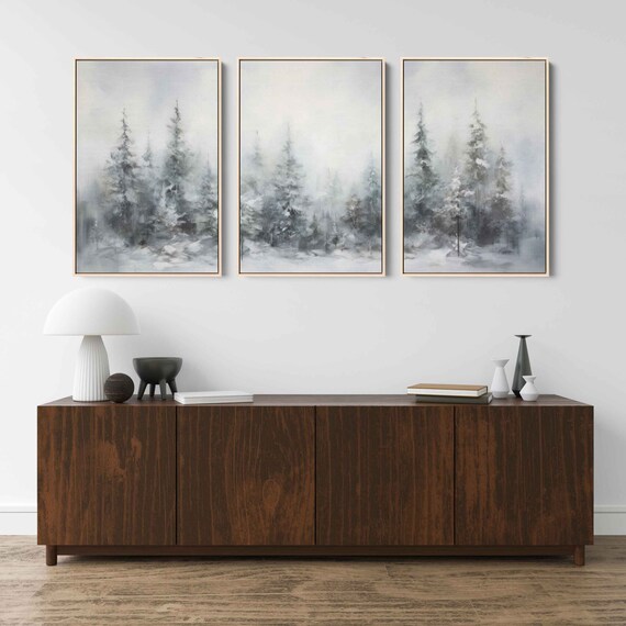 Winter Pine Trees Abstract Triptych, Wall Art Print
