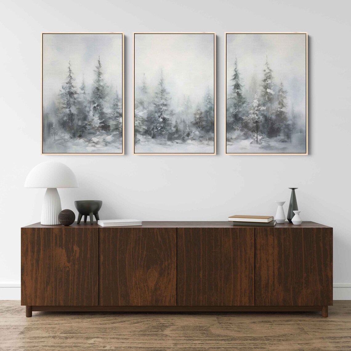 Winter Pine Trees Abstract Triptych, Wall Art Print