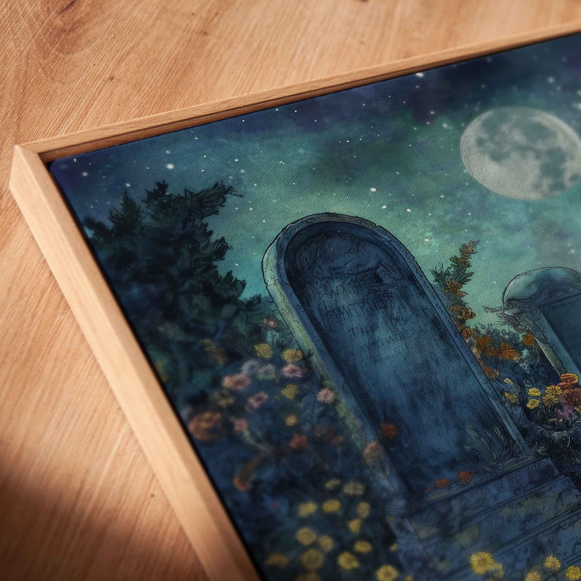 Moonlit Haunted Graveyard Watercolor Tombstones Stars Night Print - Image 2