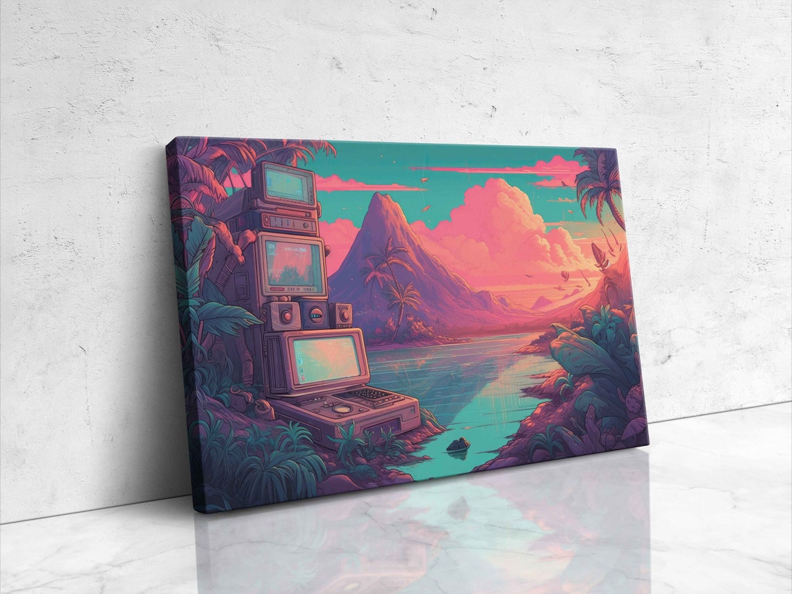 Tropical Retro Vaporwave Illustration Of Computers On An Island Framed Ready To Hang Bedroom Decor Office Decor - Image 4