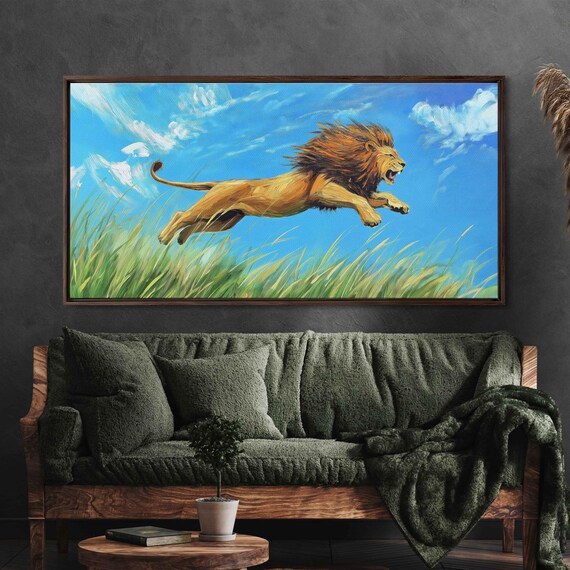 Lion Leaping Through Tall Grass Vivid Greens Golds Bright Blue Sky Poster