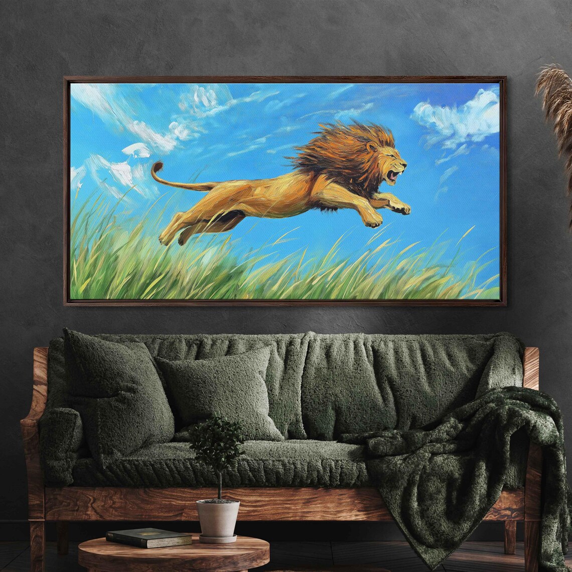 Lion Leaping Through Tall Grass Vivid Greens Golds Bright Blue Sky Poster