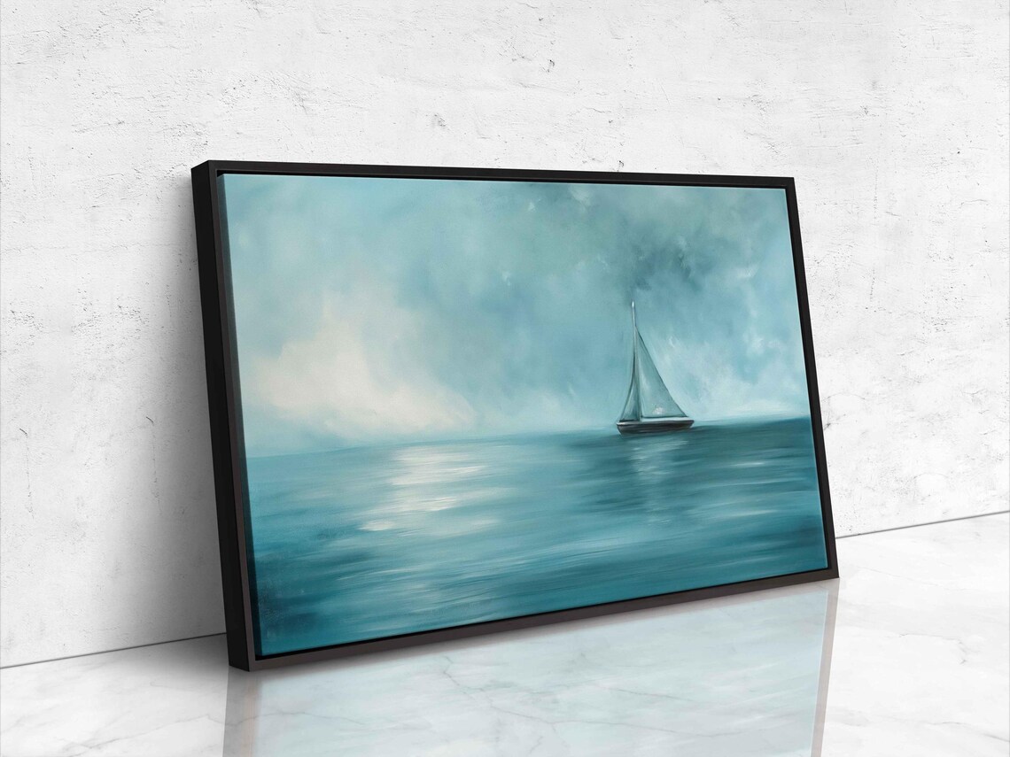 Lone Sailboat Teal Moody Sea Cloudy Sky Minimalist Wall Poster - Image 4