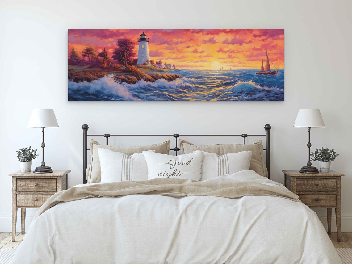 Lighthouse on Rocky Coast Sunset Sailboats Ocean Oil Painting Poster - Image 3
