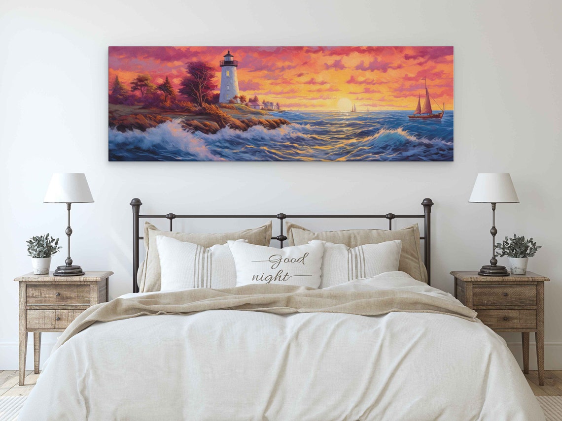 Panoramic Lighthouse Seascape Oil Painting Framed Print Tropical Wall Art Beach House Decor - Image 3