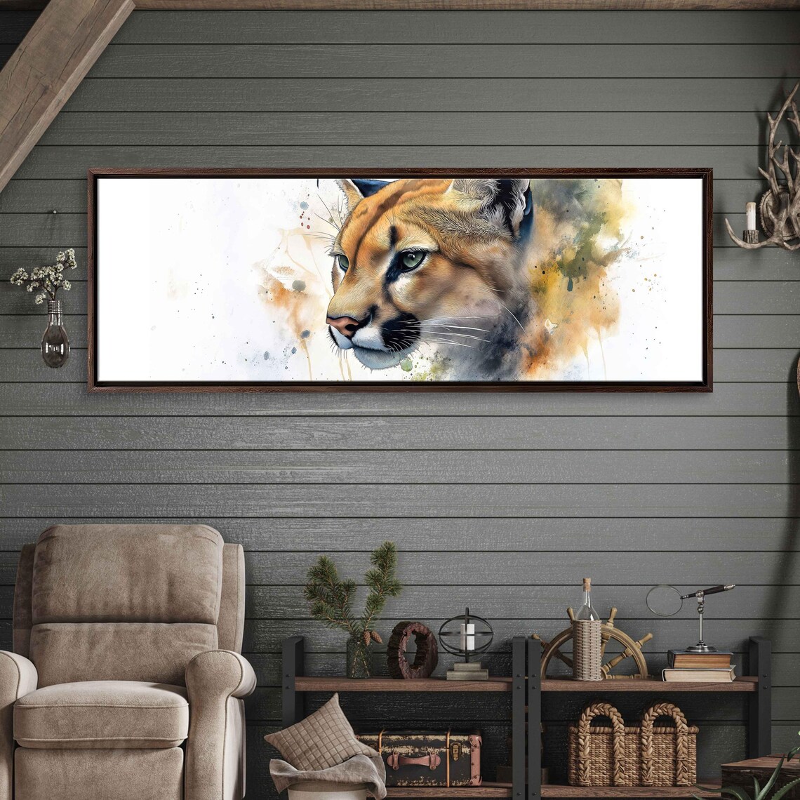 Mountain Lion Face Minimalist Watercolor Splash Earthy Art Poster - Image 3